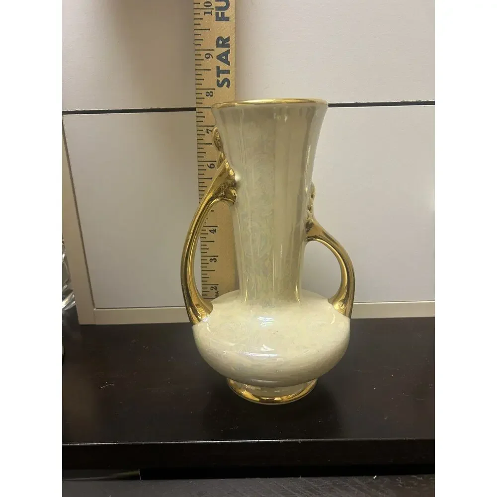 Antique Iridescent Hand Painted Vase beautiful gold 22k asymmetrical handles